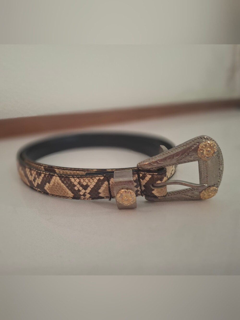 Vintage Genuine Python Snakeskin Women's Skinny Belt in Brown and Tan